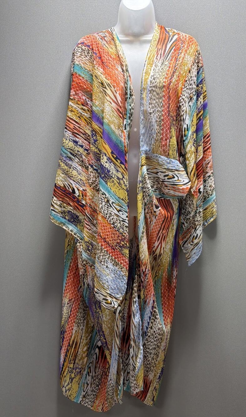 Kimono Open Front Mixed Animal Print Long Maxi Lightweight Boho Festival Sz M